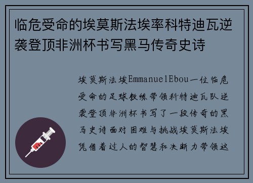 临危受命的埃莫斯法埃率科特迪瓦逆袭登顶非洲杯书写黑马传奇史诗 临危受命的埃莫斯法埃率科特迪瓦逆袭登顶非洲杯书写黑马传奇史诗