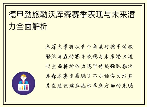 德甲劲旅勒沃库森赛季表现与未来潜力全面解析